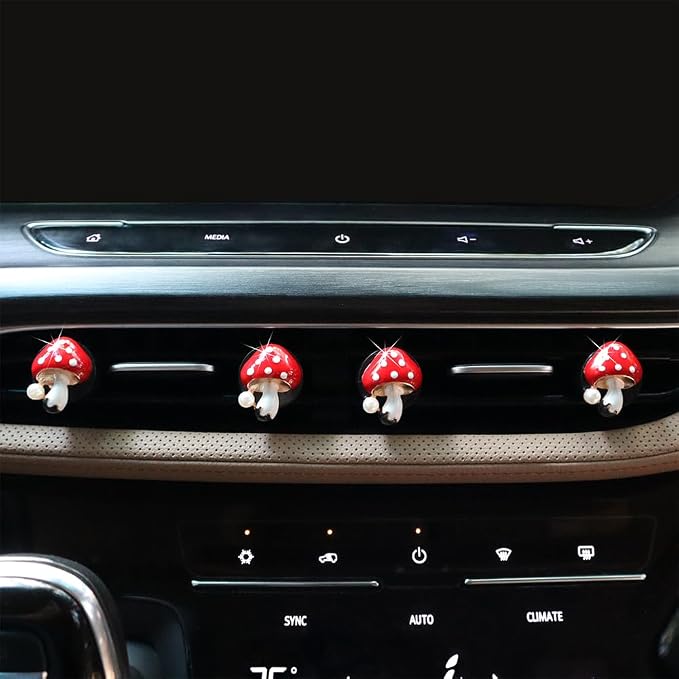 ORIESSE Cute Mushroom Car Air Freshener Vent Clips,4pcs Red Mushroon Refillable Car Air Freshener Decorative Clips Car Diffuser,Providing Bloom Car Scent