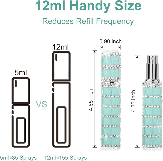 Travel Perfume Atomizer Refillable Bottle, 12ml Rhinestone Mini Perfume Bottles Empty Refillable Travel Atomizer Sprayer with Funnel (Light Green)