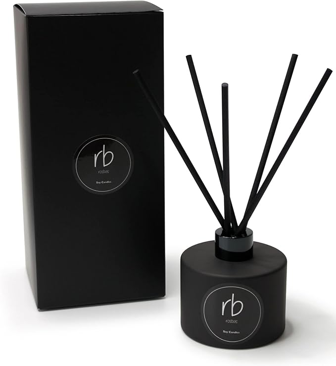 rosbas Egyptian Amber Reed Diffuser Set - Black Glass Bottle - 6 fl oz with Elegant Gift Box - High Performance Fiber Reeds - Handcrafted in USA
