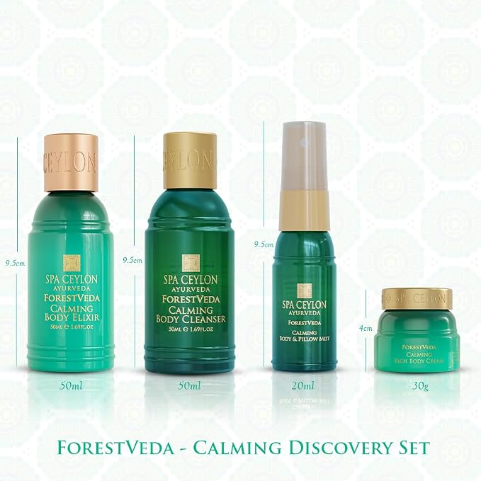 Spa Ceylon ForestVeda Calming Discovery Set - 4-Piece Ayurveda Bath & Body Gift Set with Plant Botanicals, Eucalyptus, Cedarwood & Moringa - Body Cleanser, Body Elixir, Body Cream & Pillow Mist