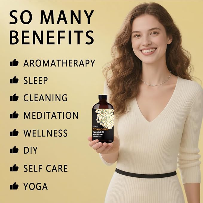Chamomile Essential Oil, Chamomile Oil 4 Fl Oz 120ML for Diffuser Humidifier Yoga Cleaning DIY Candle Soap Making Perfume Gift for Women Essential Oils FRAOIL (Chamomile 4 Fl Oz (Pack of 1))