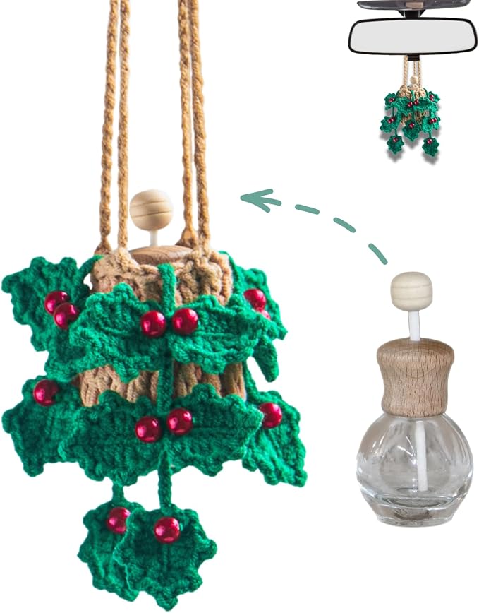 ROFIGL Handmade Crochet Car Air Freshener - Crochet hanging holly plants with 12ml Empty Refillable Oil Diffuser Bottle, Green Car Accessory for Mirror Decor and Home Decor