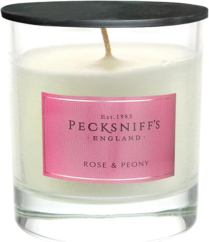 Pecksniffs White Scented Candle - Rose & Peony Fragrance Candles for Home Scented - Elegant Glass Vessel - 1 Wick Luxury Candles, 184g/6.49oz