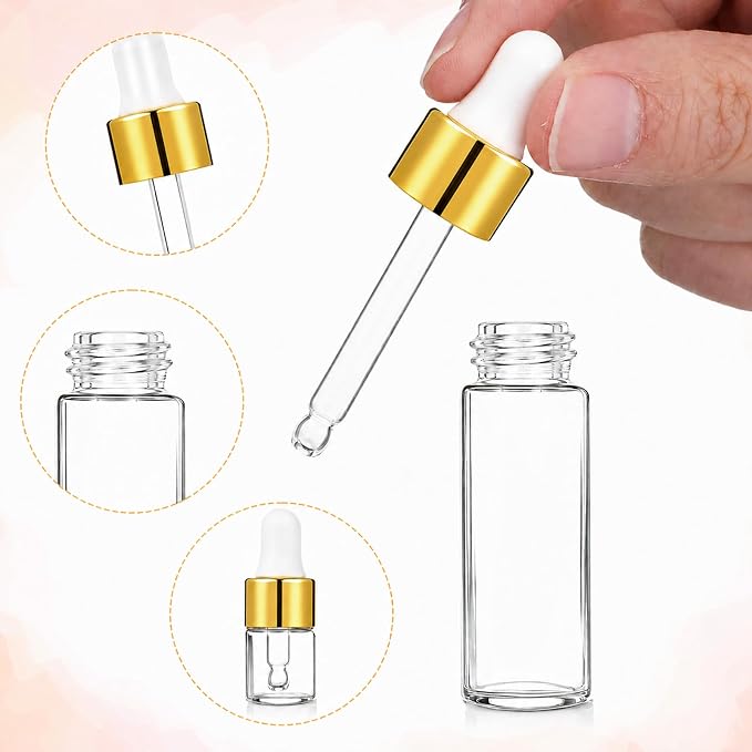 8 Pack Glod Eye Dropper Bottle Rose for Essential Oils | Glass Vials Bottles Empty Travel Oil Droppings Bottles with Cap for Essence Liquid Cosmetic (1ml, 2ml, 3ml, 4ml), Glod