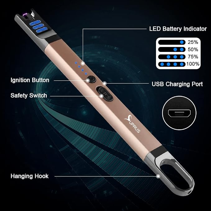 SUPRUS Candle Electric Arc Lighter Windproof Flameless USB Rechargeable Lighter with LED Light for Candle Camping BBQ Cooking (Champagne Gold)