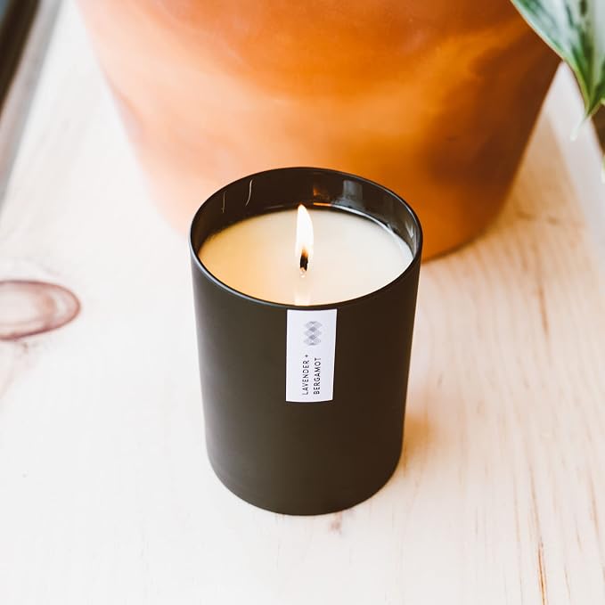 Calyan Wax Co. Lavender & Bergamot Scented Candle - 75 Hour Burn - Luxury Clean Soy Wax Candles - Long Lasting Black Tumbler Jar Candle for Home - 10.2oz