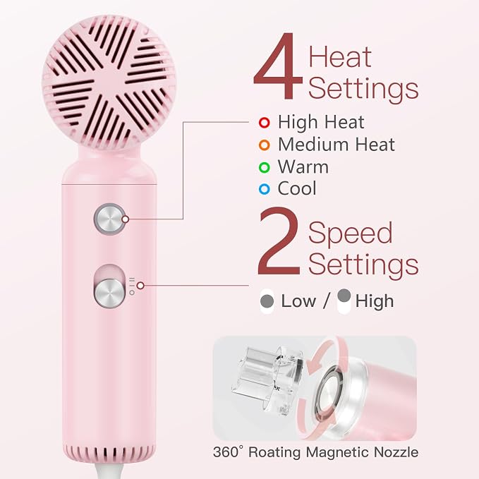 Webeauty Mini Hair Dryer with Diffuser, 110,000RPM High-Speed Motor, 200M Negative Ions Protect, 3-Temp & 2-Speed Settings, Lightweight Travel-Friendly Blow Dryer with Magnetic Attachments (Pink)