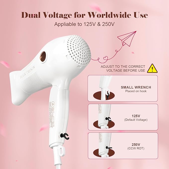 Travel Hair Dryer Mini with Diffuser&Concentrator,110~250V Dual Voltage Hair Dryer Blow Dryer Mini Size for European Travel, Portable Blow Dryers for Women and Men with EU Plug
