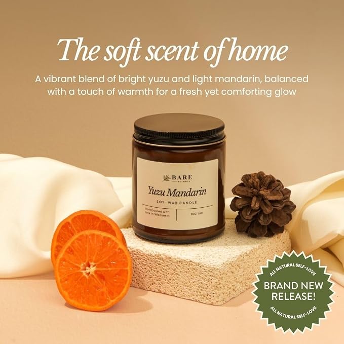 Bare Botanics Non-Toxic Yuzu Mandarin 9oz Soy Candle - 100% Plant-Based Fragrance Oils - Handpoured in WI - 40+ Hrs