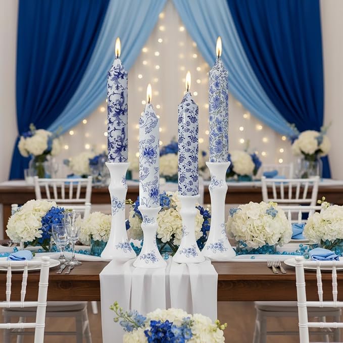 Blue and White Taper Candles 7 Inch Short Chinoiserie Candle Handmade Unscented Smokeless Tapered Candles for Meditation Sailing Living Room Mantel Cozy Hygge Ambiance Everyday Home Decor