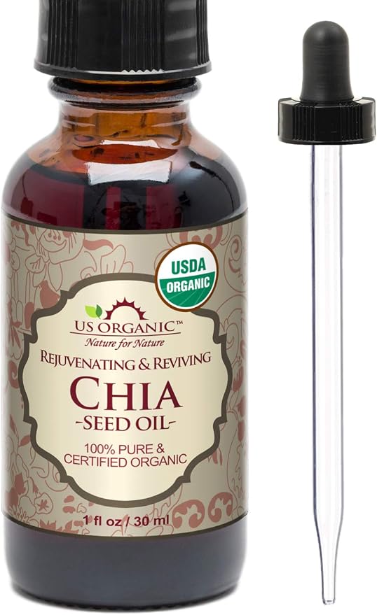 US Organic Chia Seed Oil, Certified Organic, Pure & Natural, Cold Pressed Virgin, Unrefined, Sourced from Paraguay, in Amber Glass Bottle w/Glass Eyedropper (1 oz (30 ml))