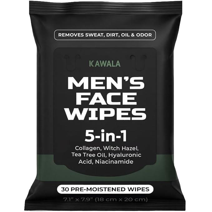 Face Wipes for Mens 5-in-1 Anti-Aging Facial Cleansing Sweat Wipes for Skin Care with Collagen, Witch Hazel, Tea Tree Oil, Hyaluronic Acid, Niacinamide for Oily or Acne-Prone Skin Woodsy Scent