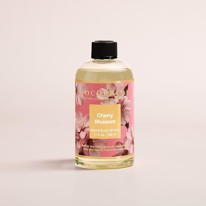 Cocorrína Reed Diffuser Refill Cherry Blossom 17oz (500ml) with 8 Sticks - Premium Long-Lasting Scented Oil, Home Fragrance for Bedroom, Bathroom Home Decor