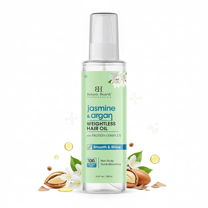 Botanic Hearth Argan & Jasmine Weightless Hair Oil, 3.4 fl oz | With Argan Oil & Jasmine Oil | Lightweight Non-Greasy Formula | Frizz Control, Smooth Shine & Soft Hair | For Dry, Frizzy & Fine Hair