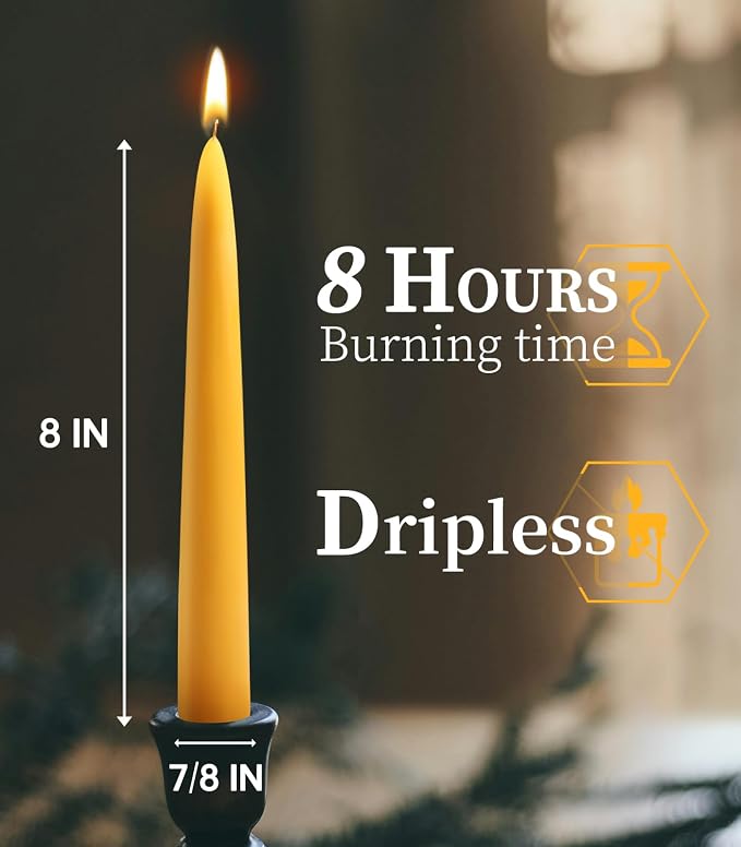 24 Packs Natural Beeswax Taper Candles 8 inch Beeswax Candles Smokeless Unscented Pure Bees Wax Candlesticks 8 Hour Burn Time Dripless Bees Wax Candles for Home Prayer