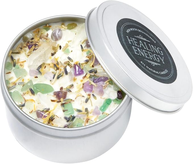 New Moon Beginnings Healing Energy Candle - Negative Energy Cleansing - Soy Aromatherapy - Handmade with Crystals & Herbs - 8oz Tin