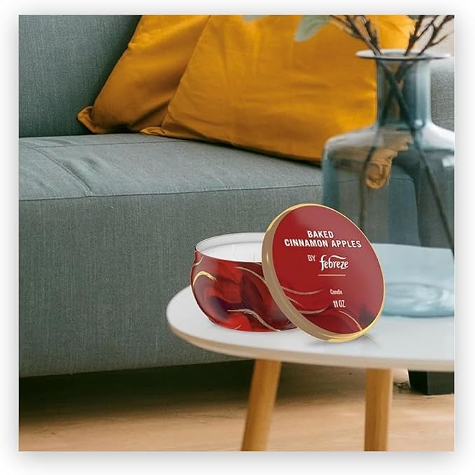 Febreze Scented Candle, Baked Cinnamon Apples Scent, 4 Wick Candle, Reusable Tin, Long Lasting Even Burn, 11oz, Single Pack