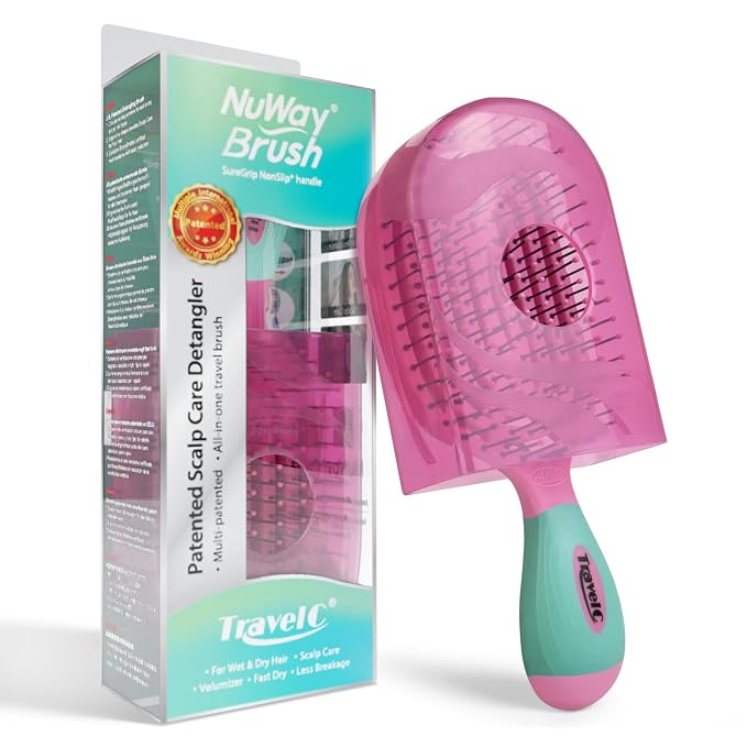 NuWay 4Hair® TravelC® U.S. Patented Single-Curve Scalp Care Travel Brush with Protective Case – Premium Portable Hair Health Tool with Heat-Resistant – Wet & Dry Use (Bubblegum Pink)