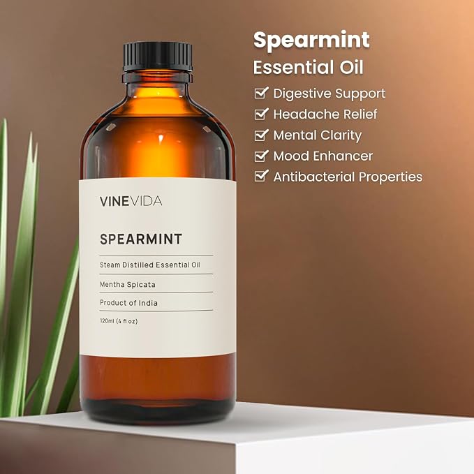 VINEVIDA Spearmint Essential Oil 4 oz - Undiluted Spearmint Oil - DIY Candle Scents for Candlemaking - Bulk Essential Oil for Soap Making Safe for Skin