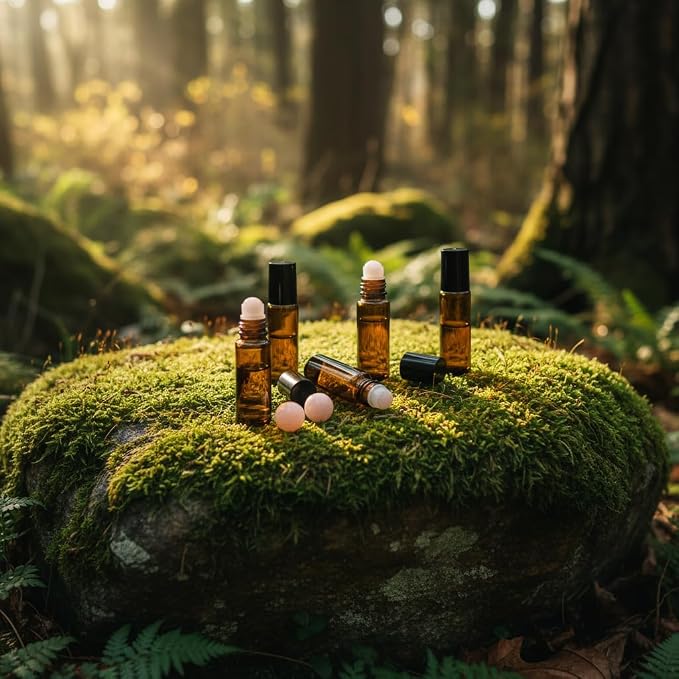 4 PACK Roller Bottles for Essential Oils with Natural Jade Roller Balls, 10ml Refillable Amber Glass, Leak-Proof Travel Size Roll On Bottles for Aromatherapy, DIY Perfume & Gifts (10ml Black Lid )