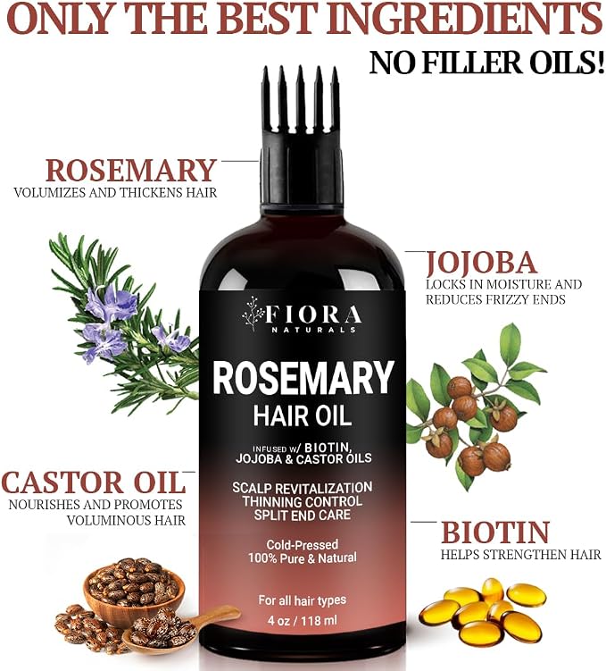 100% Pure Rosemary Oil for Hair Growth, Infused with Biotin, Jojoba & Castor Oils - Natural Hair Strengthening Serum, Scalp and Beard Oil, Aceite De Romero para El Cabello