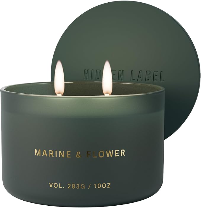 Hidden Label Marine & Flower Soy Candle, 10oz 2-Wick, 45H Coastal Fresh | Ocean Floral Aromatherapy | Non-Toxic Vegan Phthalate-Free | Even Melt No Tunneling | Modern Green Reusable Gift Jar