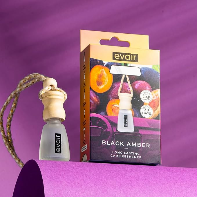 Evair Car Air Freshener | Hanging Air Freshener Car Diffuser | Long Lasting Scents made with Essential Oil | Alcohol Free (Black Amber)