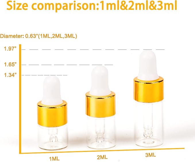 Sample Dropper Bottles, Mini Dropper Bottles with 2 Pcs Plastic Droppers for Traveling Essential Oils DIY Cosmetic Liquid Sample Perfume (Gold, 1ML)