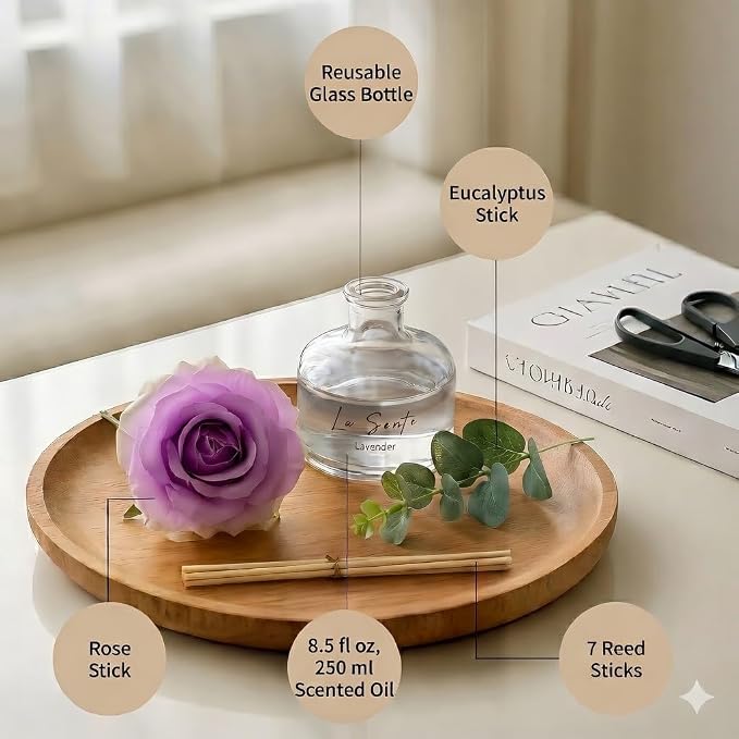 Lavender Reed Diffuser Set 8.5oz/250ml – Long Lasting Flameless Home Fragrance with Elegant Glass Bottle, Decorative Flower & Natural Reeds for Bathroom, Bedroom, Office