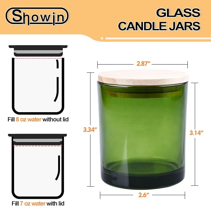 SHOWIN 8 OZ Thick Candle Jars for Making Candles 15 Pcs, Green Empty Jars with Wood Lids for Candle Making, Sample Container,Clear Green