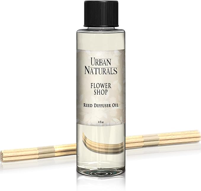 Urban Naturals Reed Diffuser Oil Refill Flower Shop, Violets, Daisies, Hyacinth, Rose Petals, 4 oz + Free Reed Sticks, Made in the USA