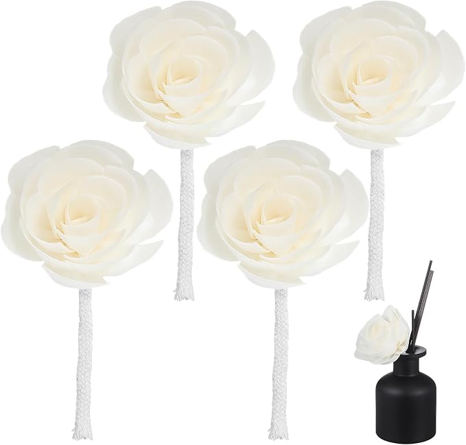 Hemobllo 4pcs Sola Wood Camellia Flower Diffuser Sticks 7cm Head & 12cm cotton wick, fast-absorb refill for 50-200ml bottles, color-changing petals for spa bathroom bedroom office, DIY aromatherapy gi