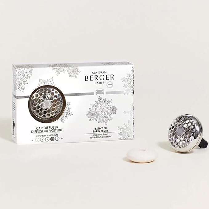 MAISON BERGER Car Diffuser Set, Festive Fir | Pine Eucalyptus Cedarwood Notes, Refillable Vent Clip with Ceramic Refill, Passive 4-Week Diffusion, Made in France