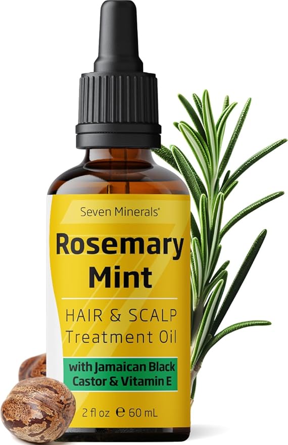 Seven Minerals, NEW Rosemary Oil for Hair Growth, Infused with Jamaican Black Castor Oil, Vitamin E, Mint & Natural Hair Strengthening Oils, Thicker, Longer, Softer Hair for Men & Women (2 fl oz)