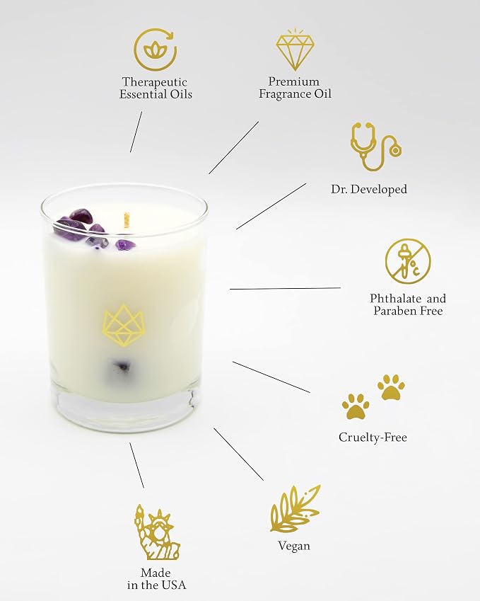 Luxury Glass Jar Candle, 14.5 OZ, Calm - Sodalite Healing Crystal Infused - Scents of Chamomile, Howood, & Sage - Destress, Insight, Serenity, & Peace - Coconut Wax, Essential Oils