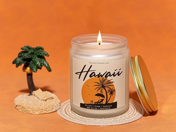 Sea Salt & Orange & Sandalwood Soy Wax Candle, 7OZ - Hawaiian Gifts, Hawaiian Decor, Hawaii Gifts for Women, Friends, Family
