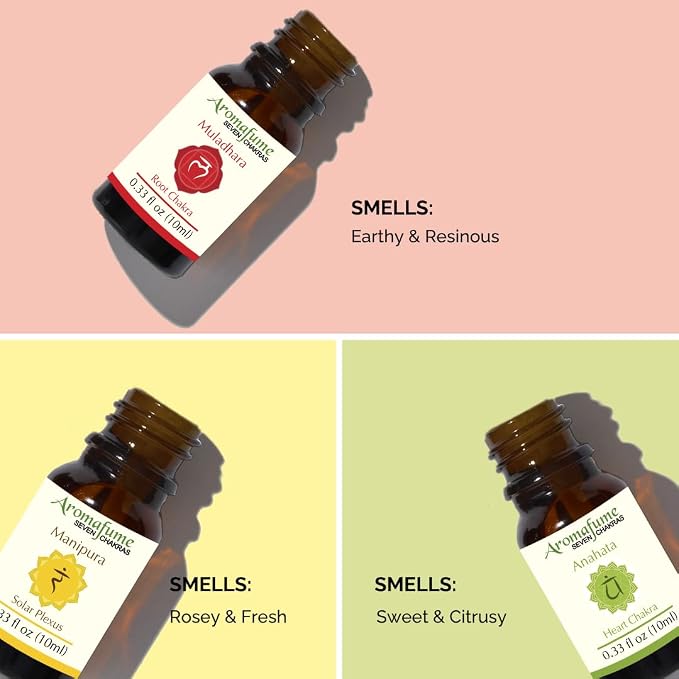 Root Chakra, Solar Plexus Chakra, Heart Chakra Essential Oil Diffuser Blends by Aromafume | 3 x 10ml/0.33 fl oz| Aromatherapy Oils for Chakra Balance | Chakra Incense for Meditation, Yoga, Reiki
