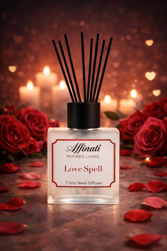 Affinati Love Spell Reed Diffuser – 7.0 fl oz Home Fragrance Diffuser with 8 Reeds – Long Lasting Flame Free Room Fragrance for Bedroom, Bathroom, Office & Living Room