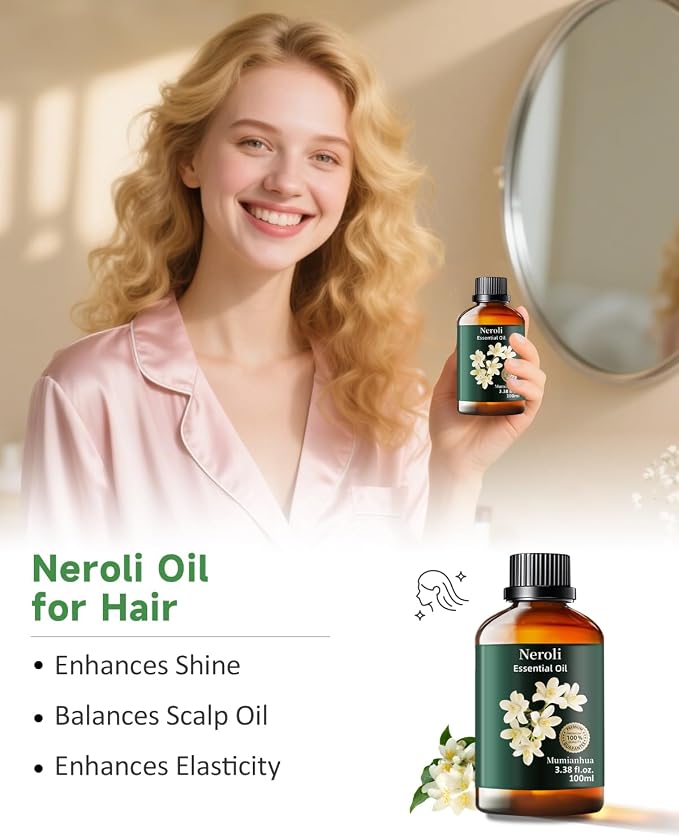 Neroli Essential Oil, Pure Mumianhua Orange Blossom Oil for Evening Tranquility & Pillow Mist, Citrus‑Floral Aromatherapy for Diffuser, Skin, Hair, Perfume, Candle & Soap Making – 3.38 Fl Oz