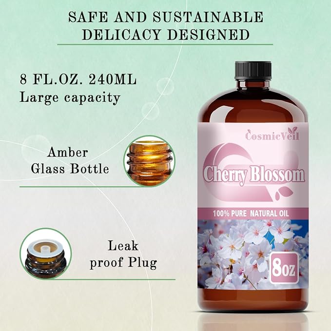 Cherry Blossom Essential Oil Cherry Blossom Oil for Aroma Diffuser,Humidifier,Home Fragrance,Cleaning,Body Care,Massage,Yoga,DIY Candle,DIY Soap CosmicVeil（Cherry Blossom，8 Fl Oz (Pack of 1)）