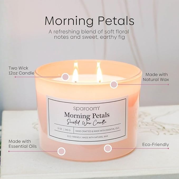 Sparoom Candle Morning Petals Scented 2 Wick Candle, 12 oz Long Lasting Non Toxic Clean Burn, Color Glass with Wooden Lid