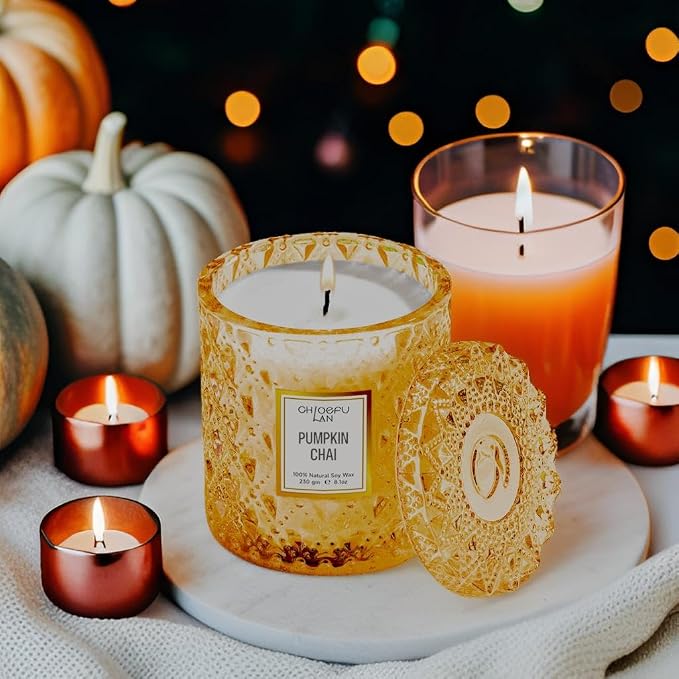 Pumpkin Chai Candles Halloween Candle Gift, Farmhouse Candles for Home, Luxury Scented Soy Jar Fall Candle with up to 55 Hour Long Lasting, Home Decor, Barn Fall Decor Pottery, 8.1oz