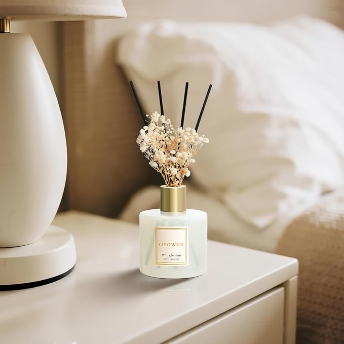 Diffusers for Home 6.76 fl oz（200ml）, YISOWUH White Jasmine Reed Diffuser Set Oil Diffusers with 8 Reed Sticks, Long Lasting Fragrance for Home Decor, Bathroom, Bedroom, Gifts