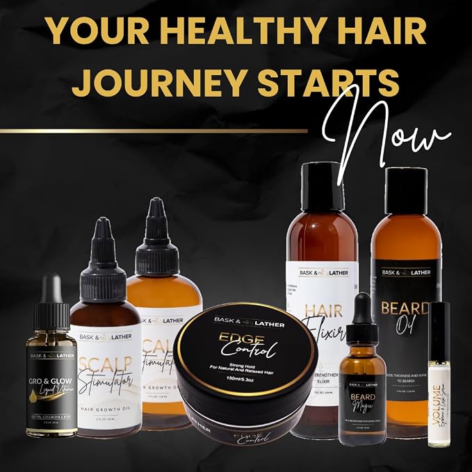 Bask & Lather On the Go Travel Essential Kit, Hydrating Hair Products for Black Hair, Travel Case With Shampoo & Conditioner, Mist, Edge Control, Scalp Stimulator & Edge Control Brush, TSA Accepted