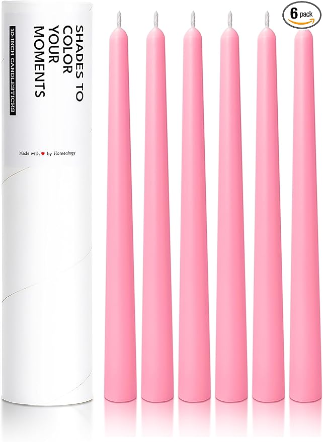 6 PK 10" Classic Taper Candles, Pink, 7-8 Hours Long Burning, Unscented Tall Candlesticks
