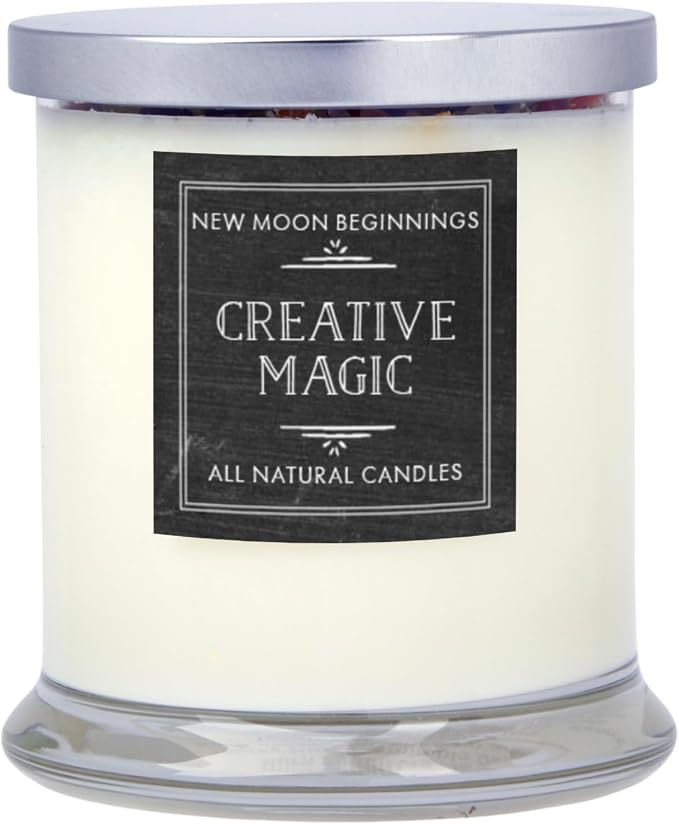 Creative Magic Candles by New Moon Beginnings - Focus, Creativity, & Concentration - Herb & Crystal Candles - Soy Aromatherapy Candle - 12oz Glass Jar