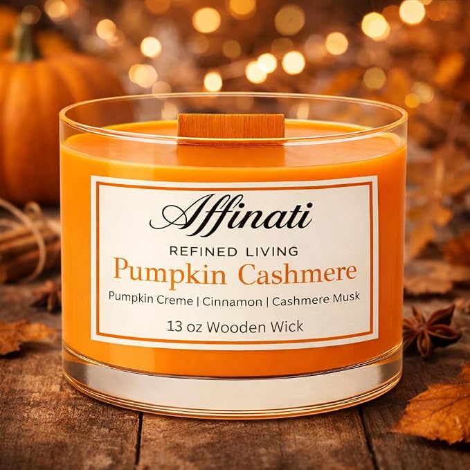 Affinati Pumpkin Cashmere Wooden Wick Candle – Luxury Wooden Bowl, 13 oz
