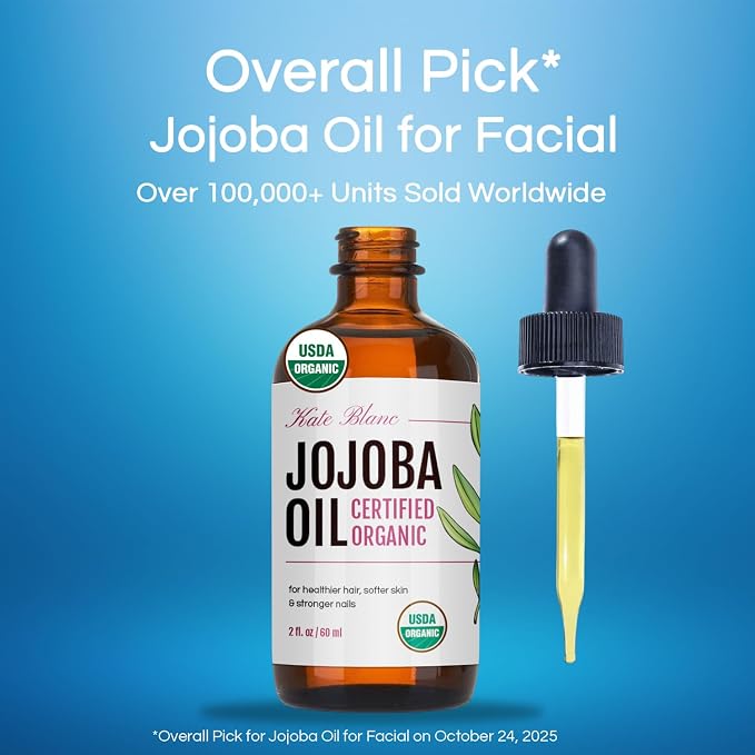 Kate Blanc Cosmetics Organic Jojoba Oil for Hair, Skin & Face (2oz, 100% Pure, Cold Pressed, Natural). Gua Sha Oil for Face & Dermaplaning (Pack of 2)