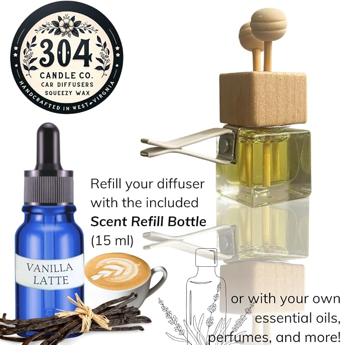 Cute Refillable Car Air Freshener Vent Clip 8mL – Vanilla Latte – 15mL Refill Included – Long Lasting Fragrance Oil Diffuser – 100% American Handmade Odor Eliminator