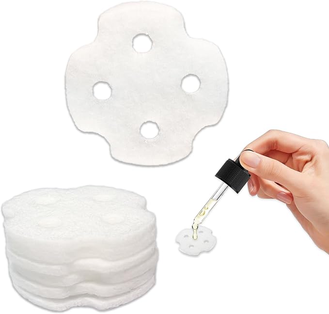 Replacement Pads Refill 50 Pieces for Portable Essential Oil Diffuser with Good Absorbent with 4 Holes, Unscented Inserts for Waterless Diffuser, Mist Fan, and Aroma Box Use (Petal)